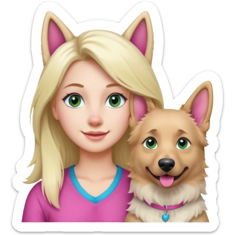 White European young woman with blue-green eyes and long blond hair with 1 pink streak in her hair with her white German Shepherd dog with pink nose and short fur sticker