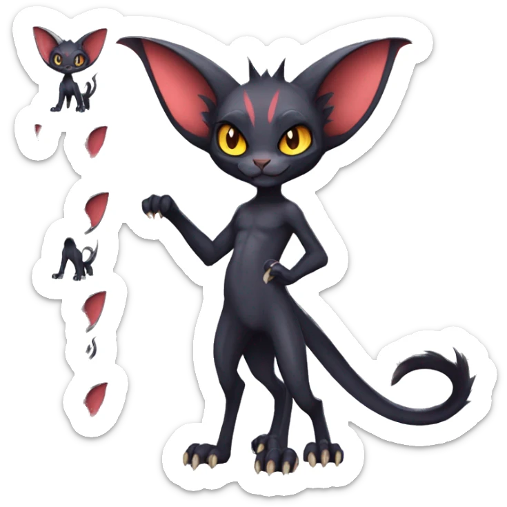 Black cool vampiric Noivern-Litten-Sphynx-Lykoi-Caracal-Fakemon with big bat ears full-body sticker