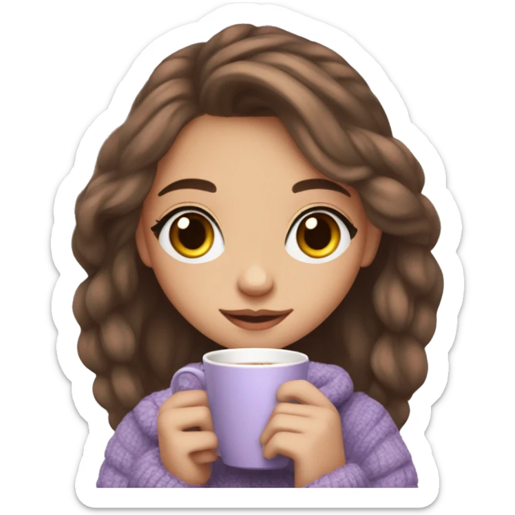 Cute girl with long brown hair, long lashes in lavander cozy sweather with coffe in hands sticker