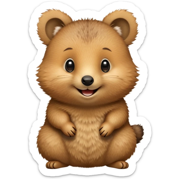cinematic-quokka-realistic-full-body-standing on its hind legs hunched over-emoji,-small-round-frame-balanced-on-tiny-strong-hind-legs,giant fluffy cheeks large smile-fluffy-brown-fur-radiating-a-warm-softness,-big-round-eyes-filled-with-joy-and-innocence,-tiny-clawed-paws-held-close-to-chest,-cheerful-smile-exuding-endearing-happiness,-simplified-yet-realistic-focused-features,-highly-detailed,-glowing-with-a-sunny-warmth sticker