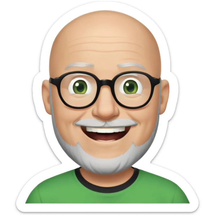 una imagen estilo pixar de un senor de mediana edad calvo con lentes gruegos negros de vista, con barba negra pero en la parte del mentòn canosa, con una playera negra, sus ojos con de color verde, y esta riendo sticker