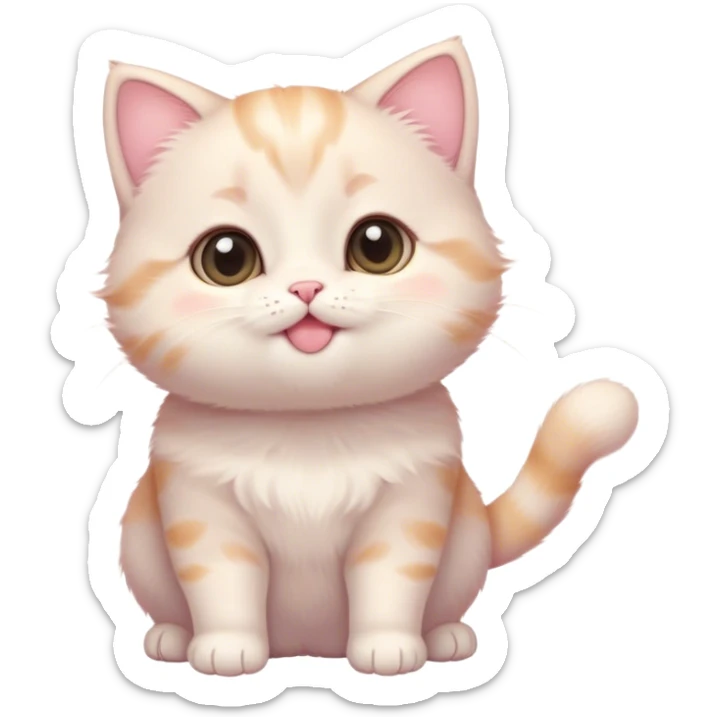 Cinematic chubby pastel kitten, big round eyes full of wonder, tiny paws reaching up, soft fluffy fur glowing in warm light, delicate heart-shaped nose, irresistibly cute and snuggly. sticker