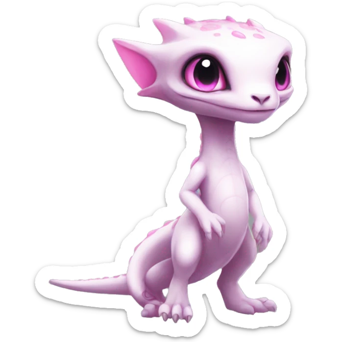 White, Chibi, White body, Anthro-Sona-Lizard-Alien-Salazzle-Mew-Fakémon, with pink eyes, Full Body sticker