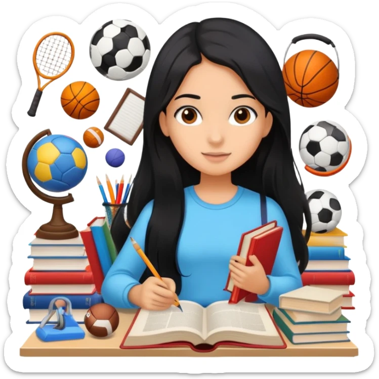 differemt girlhood hobbies floating back ground, books, art, and sports, tanned long black hair  sticker