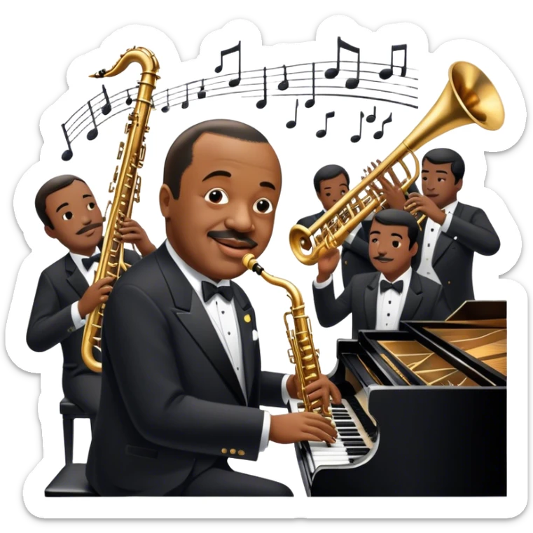 Icon for Jazz Music: Count Basie Orchestra, with Count Basie at the piano surrounded by jazz musicians playing instruments like saxophones, trumpets, and drums. Floating musical notes should capture the energetic and smooth vibe of big band jazz. Transparent background. sticker