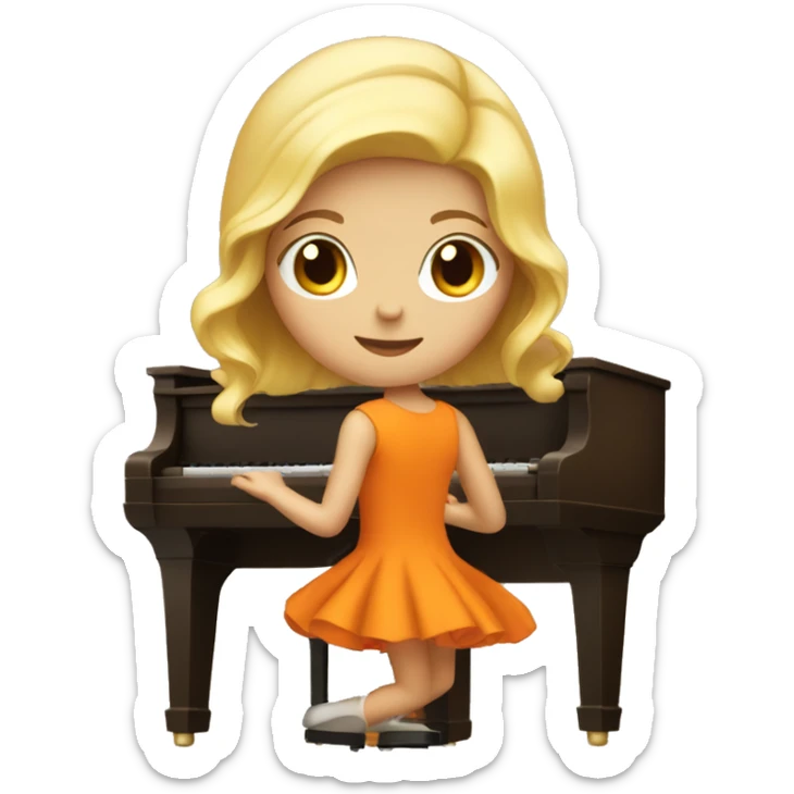 Blonde girl wearing an orange dress playing a brown upright piano sticker