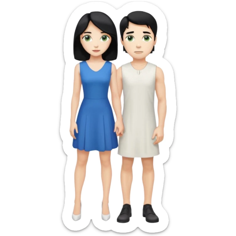 prince, standing upright, black Hair, blue eyes, garment,  woman, bending knee, white sleveless dress, blonde hair, green eyes, sticker