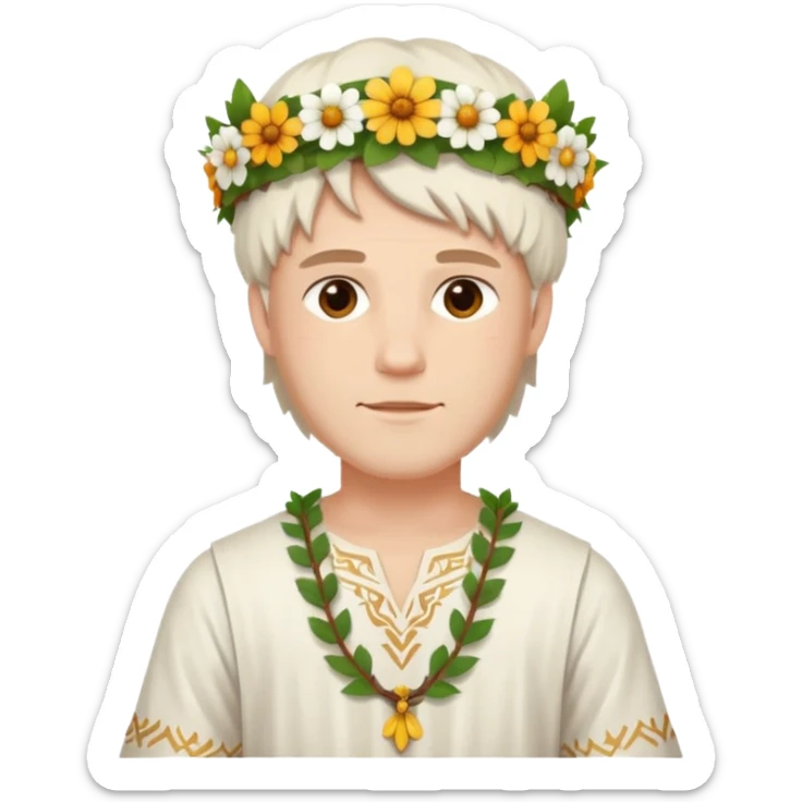 A guy with traditional clothes from midsummer festival, white tunica, flowers crown sticker