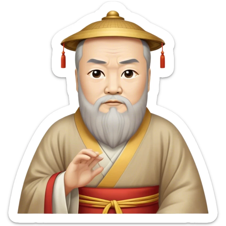 Cinematic Realistic Confucius Portrait Emoji, depicted as a wise ancient philosopher in traditional robes with a serene, contemplative expression, rendered with soft timeless textures and harmonious natural lighting that captures his enduring wisdom. sticker