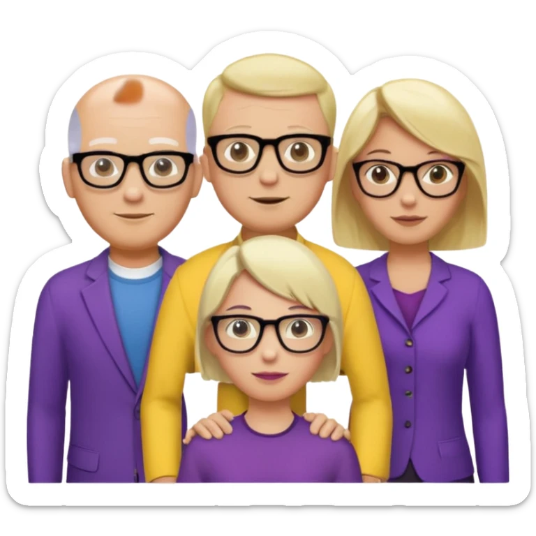 5 person team; 2 men and 3 women.  All dressed in yellow or purple.  Women have blonde and ash blonde hair.  1 man is black and bald, 1 man is caucasian and very little hair left.  All have glasses sticker