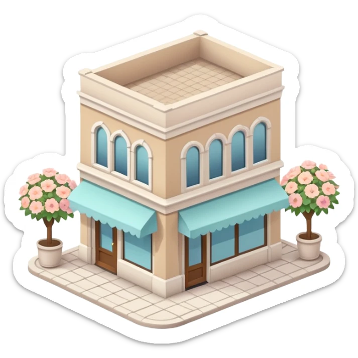 isometric exterior little beige and white shop with abundant pastel florals everywhere sticker