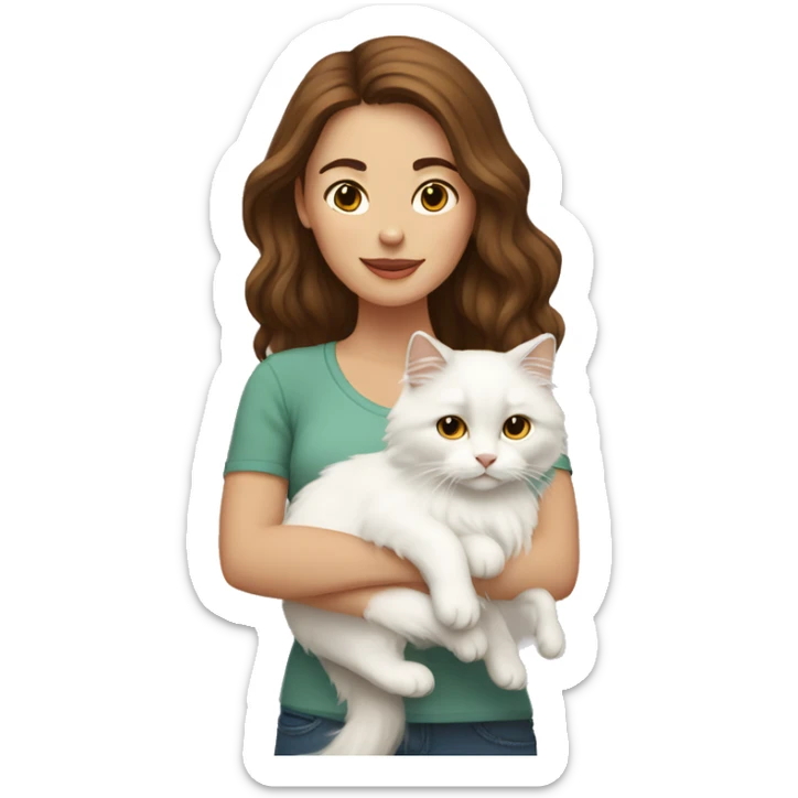 woman with brown hair holding a white Siberian cat sticker