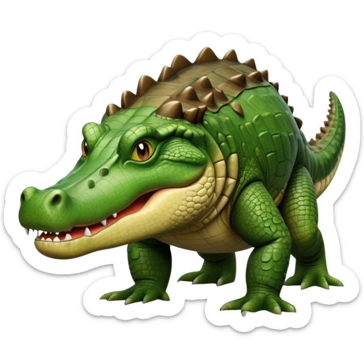 cinematic-crocodile-realistic-full-body-on all fours-emoji,-massive-scaled-body-partially-submerged-in-shallow-water,-head-tilted-dramatically,-rough-green-and-brown-hide-textured-with-deep-ridges,-simplified-yet-realistic-focused-features, head held high sticker