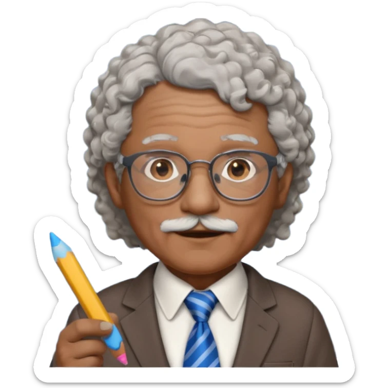 old man teacher, brown skin, curly grey white hai, wearing glasses, brown suit, blue tie hold chalk on hand sticker