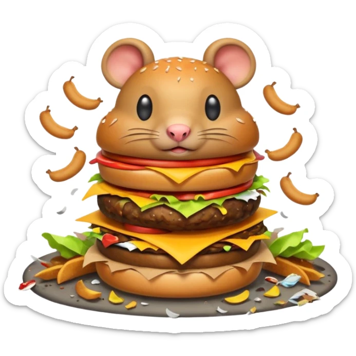 emoji-style icon of a fast food restaurant with a burger sign, overflowing garbage, flies, and two rats in the style of the apple emoji rat, dirty and unsanitary, clear at small size, no text sticker