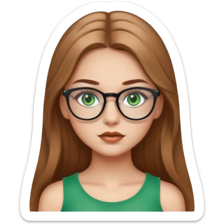 Yeşil gözlü,Hafif kahverengi uzun saçlı, beyaz tenli, gözlüklü, crop giyinen ,baya dolgun dudaklı gloss sürmüş,makyajlı bir kız sticker