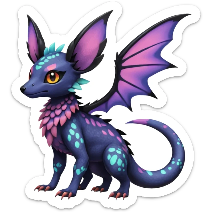 Rare epic aesthetic iridescent spooky gloomy colorful Salandit-Noibat-Eevee-Genet-species-Fakemon-hybrid-creature, with markings, full body sticker