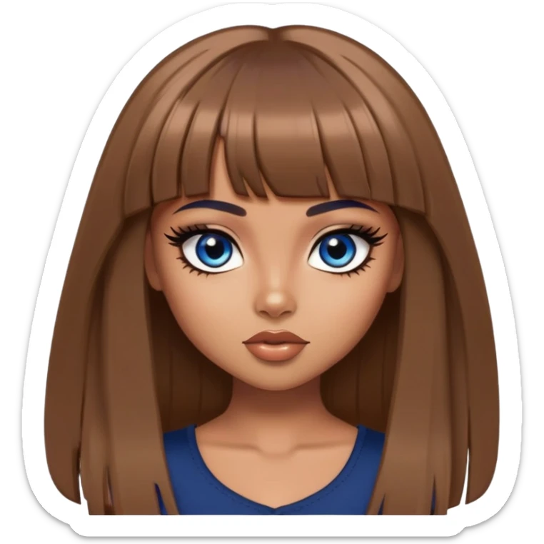 , tan skin, bangs long straight brown hair, dark blue eyes, black eyeliner, pretty bratz baddie sticker