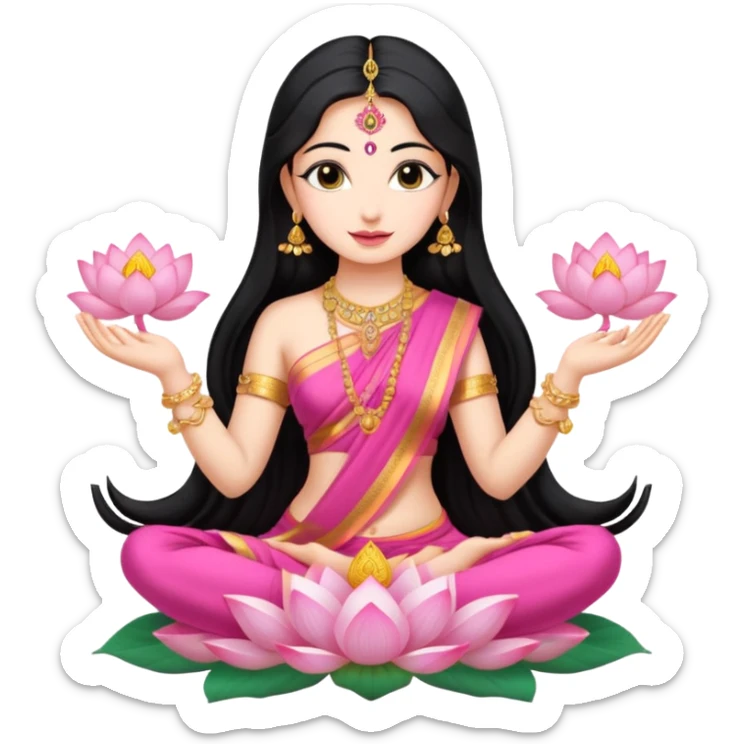 maa lakshmi, long black hair, sitting on lotus, holding lotus in both hands, cute pink sari sticker