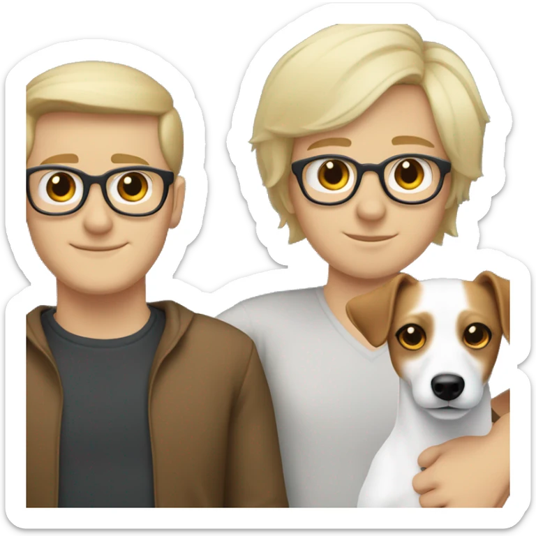 White blonde girl and a white brown hair men with glasses, both cuddling a jack Russell sticker