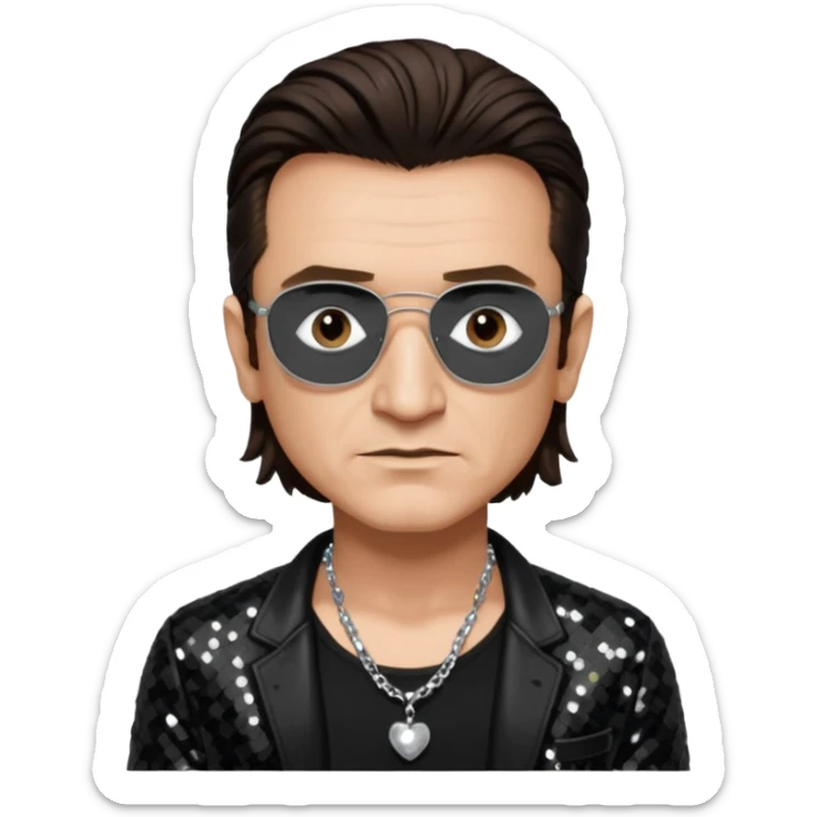 Bono with black sequin jacket, black shirt with necklace, dark brown medium hair sticker