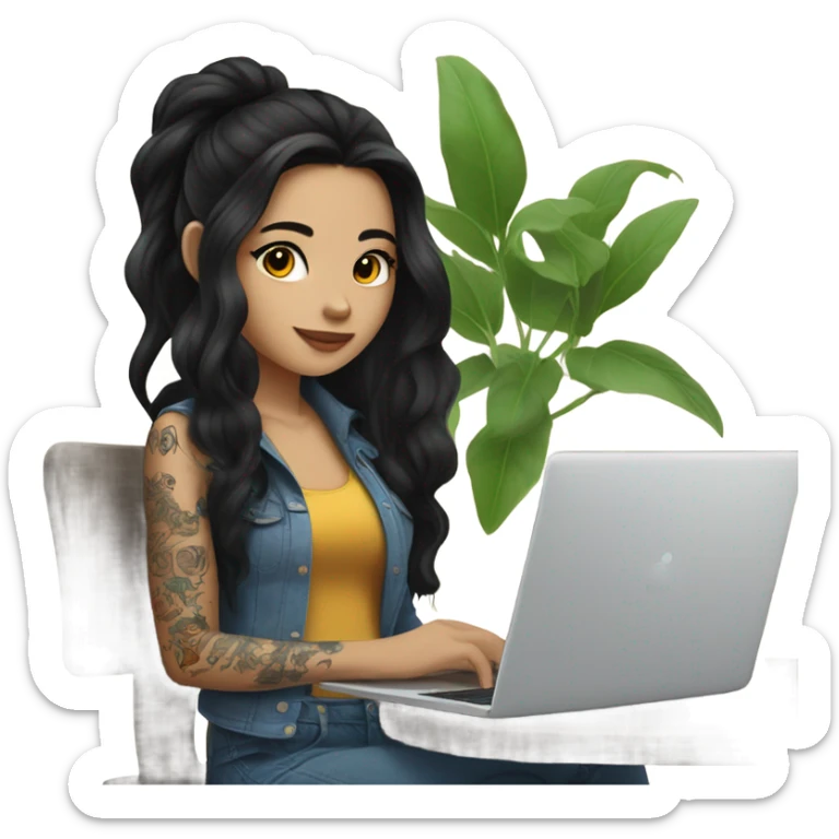 beautiful girl, with tattoos, with long black hair, wavy hair, chinese, with laptop sticker