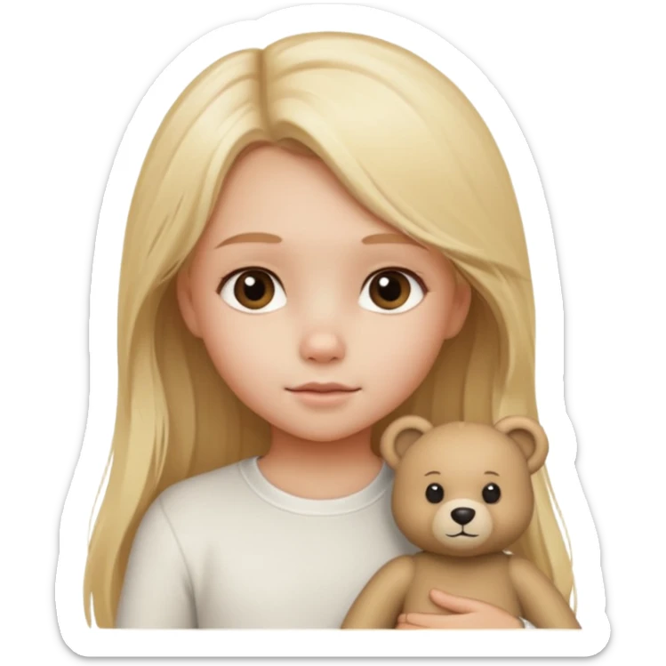 Blonde little girl, long hair, white long sleeve, with beige bear sticker