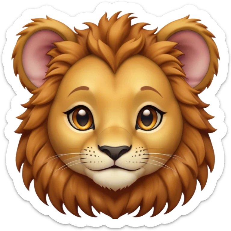 Cinematic Cute Lion Cub Portrait Emoji, Head tilted playfully and inquisitively, featuring a glossy tawny Fur with a lush mane and round, sparkling amber eyes filled with curious mischief, Simplified yet irresistibly adorable features, highly detailed, glowing with a warm, friendly glow, high shine, affectionate and spirited, stylized with a touch of jungle whimsy, bright and endearing, soft glowing outline, capturing the essence of a mischievous yet loving Lion Cub, so playful it feels like it could pounce out of the screen and into your arms! sticker