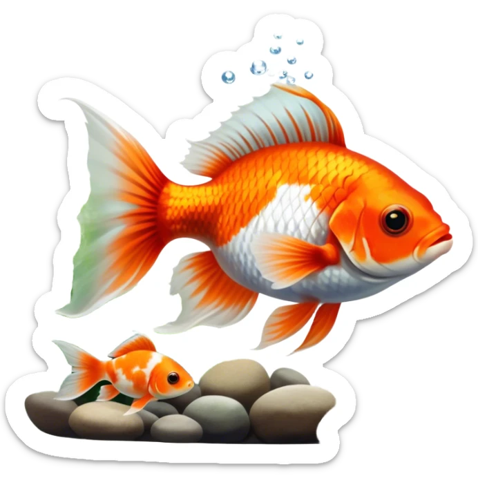 Large aquarium fish like veil tails and lionhead goldfish swimming gracefully in a beautifully decorated aquarium. Colorful aquatic plants, smooth rocks, and gentle bubbles surround the fish. The water shimmers in sunlight, creating a peaceful and vibrant underwater scene. Transparent background. sticker