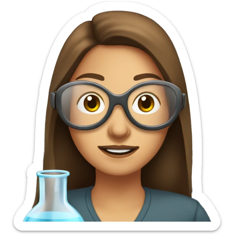 Woman with straight long brown hair wearing clear goggles in a lab class with a traditional bench and beakers  sticker