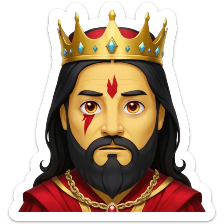 


an old king with yellow skin, red eyes, 60 years old, black hair, black beard, wearing a crown, red robe, fierce face, baron/lord vibe, longer hair cover the face, add scar
 sticker