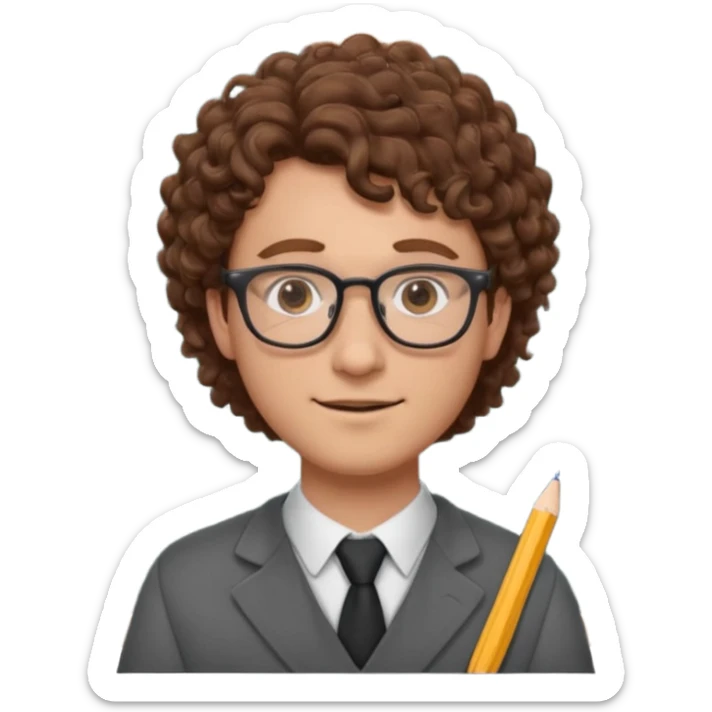 Please could you generate an emoji of a male teacher with brown curly hair and glasses stood infront of a chalkboard  sticker