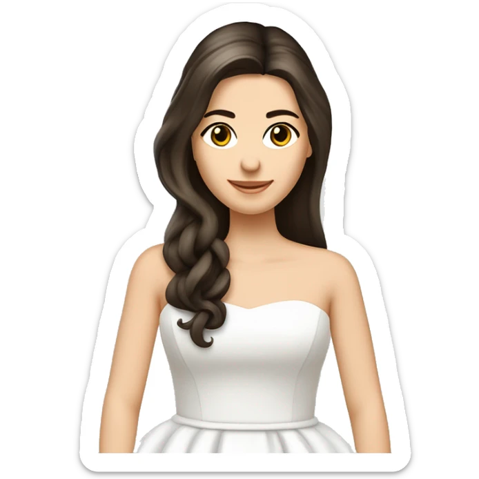 Braut mit glatten, dunkelbraunen kinnlangen Haaren und weißem schulterfreien Brautkleid mit Herzausschnitt. Sie trägt einen langen weißen Schleier am Hinterkopf. Die Haare trägt sie offen.  sticker