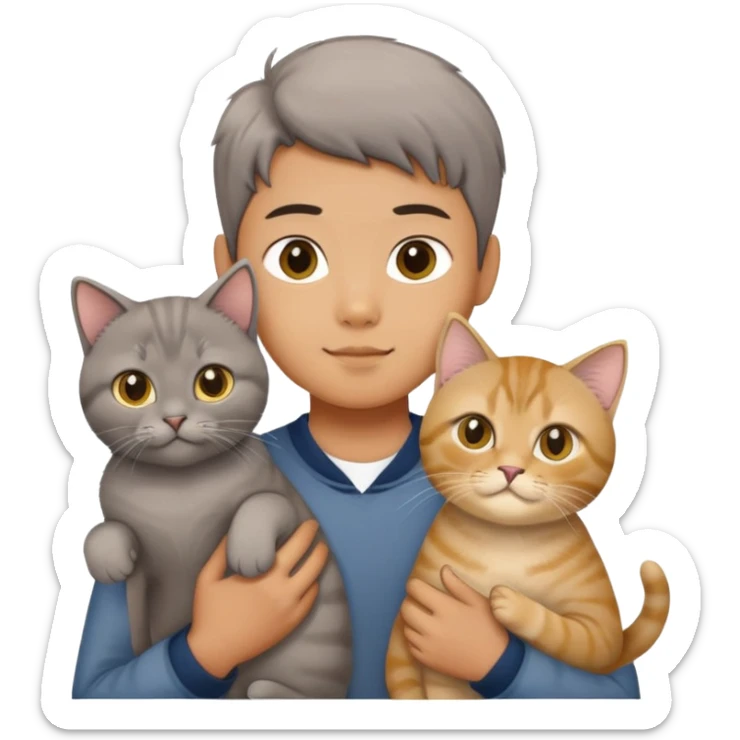 Chinese boy holding a grey shorthair cat and a British longhair golden cat sticker