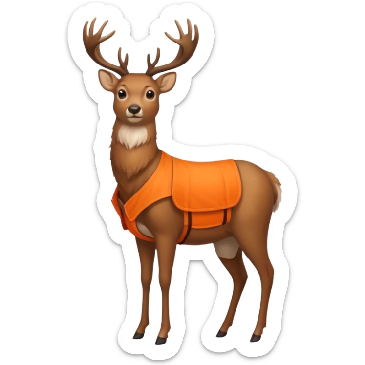 crea un venado de cuerpo completo que lleve un chaleco color naranja y que el chaleco lleve en el lado izquierdo el nombre de (telamon) sticker