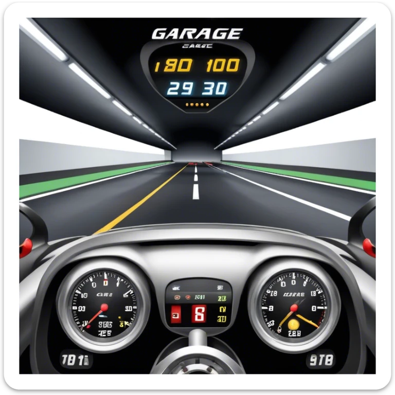 An icon showing a racing game interface, inspired by Grand Turismo. The design features a garage with a selection of high-performance cars, along with race track visuals in the background. Speedometer, lap timer, and other HUD elements add to the excitement. Transparent background sticker