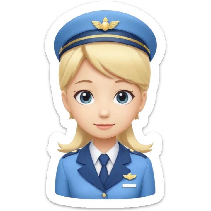 Cute emoji-style Japanese flight attendant, blonde hair long, pastel blue airline uniform, kawaii cartoon style, big eyes, simple clean lineart, pastel colors, chibi proportions, friendly smile, sticker/emoji, transparent background sticker