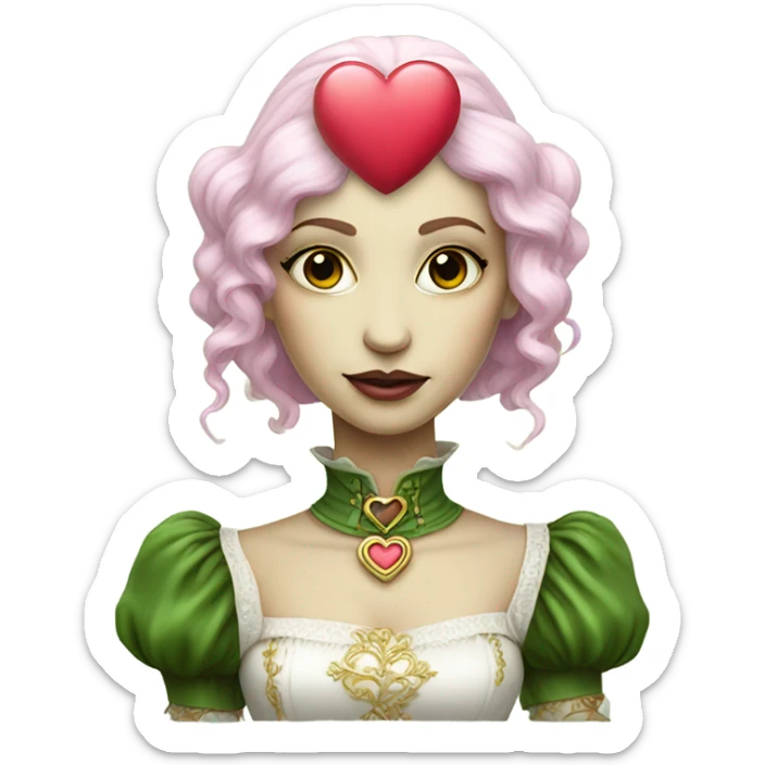a green amazon alien woman in Victorian white gold, pink hair full body,holdig red big hearth sticker