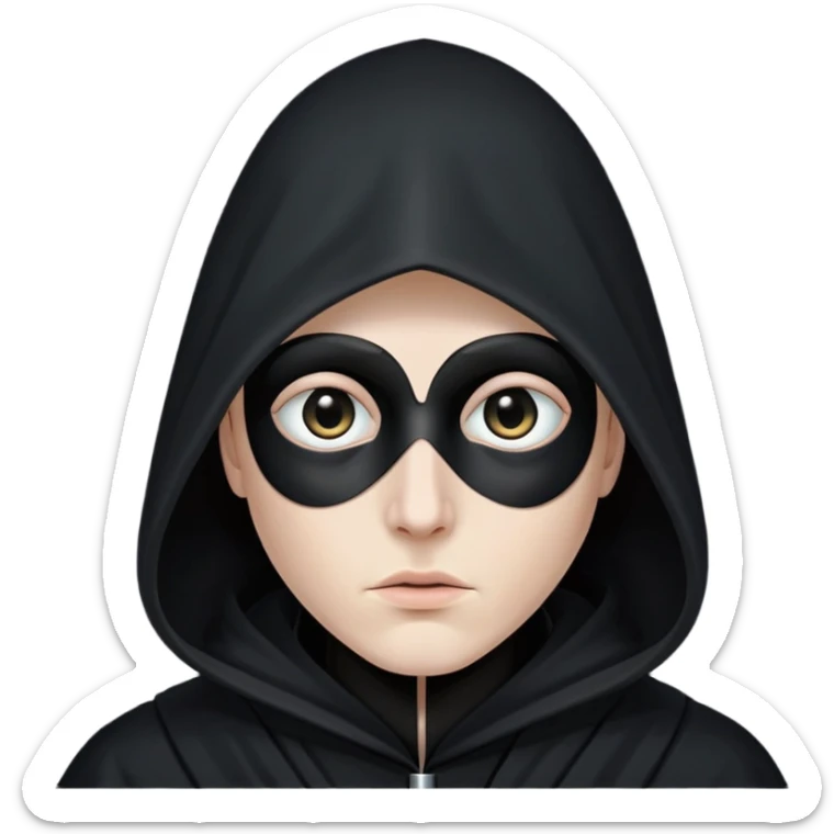 A person wearing a long black robe and a very tall, pointed black hood that covers their entire face, with a small eye slit showing one e sticker