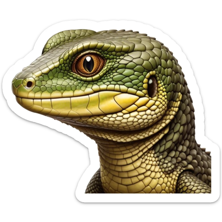 Cinematic Realistic Noble Monitor Lizard Portrait Emoji, Poised and imposing, with a robust, muscular build and a rugged, intricately scaled hide in natural olive and dark brown tones, a sharply defined head with intense, observant eyes, rendered with lifelike detail and authentic texture, high shine, intelligent and formidable, styled with an air of desert authority, focused and attentive, soft glowing outline, capturing the essence of a watchful and confident monitor lizard that appears ready to stride out of the screen with effortless power! sticker