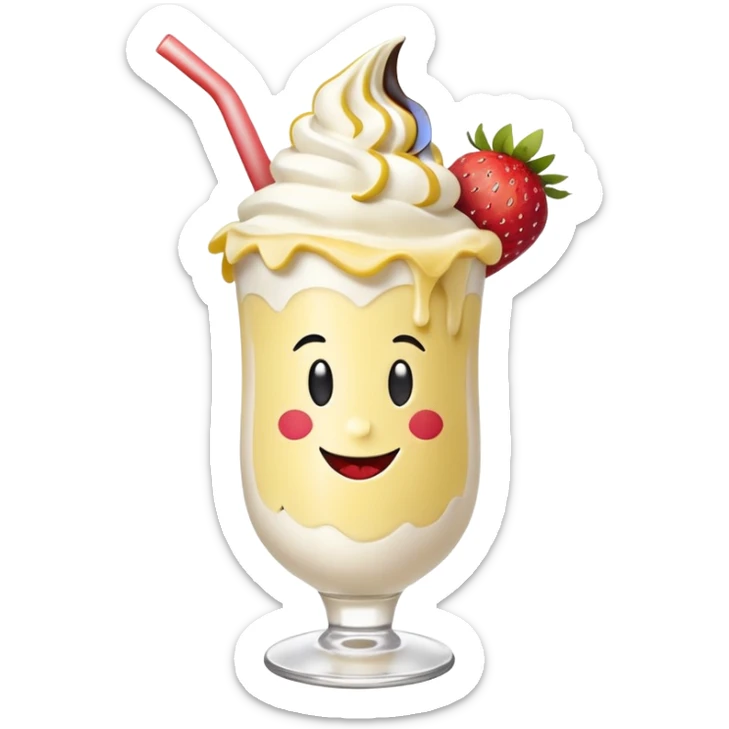 Milkshake vanilla with a banana sticking out of the milk shake it and two strawberries on both sides of the banana at the very tip of the banana, whipped cream and a smiley face sticker