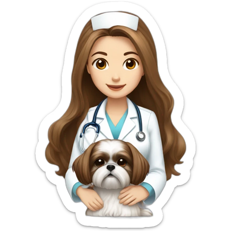 a girl nurse in long brown hair sits with a white and brown shih tzu sticker