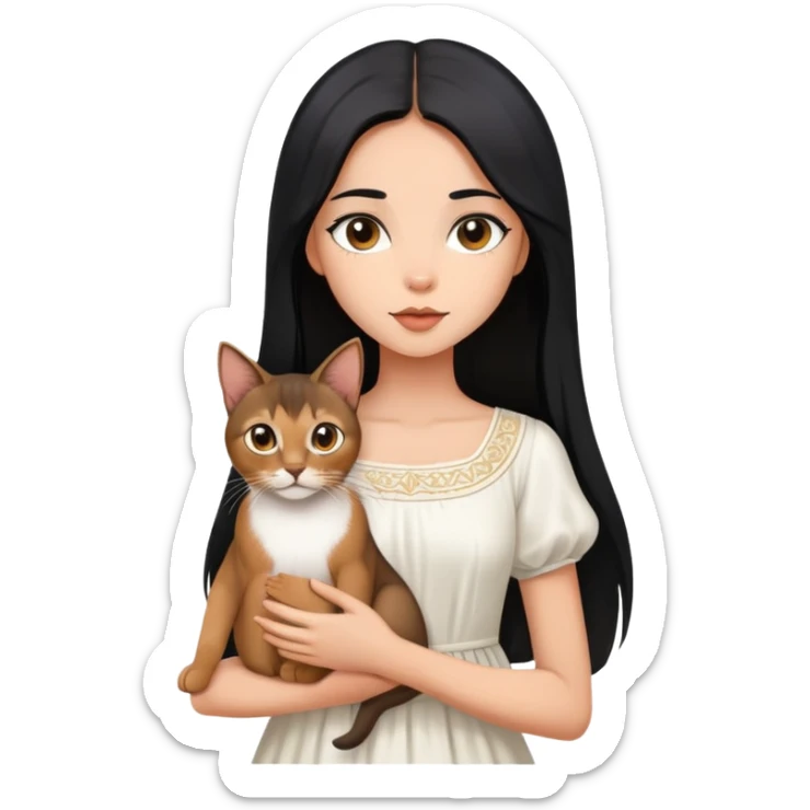 A beautiful girl with long black hair wearing a white dress holds an Abyssinian cat in her arms sticker