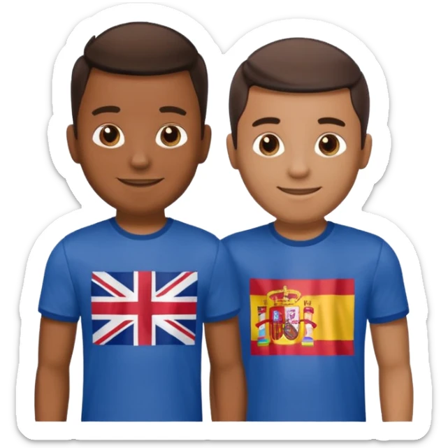 2 male Best buds , one in showing Philipine flag tshirt, one is Spain, in UK flag background sticker