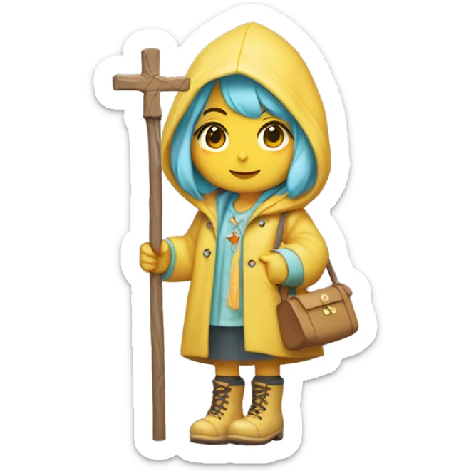 Cute little girl with light blue hair with peach skin, with yellow raincoat hooded with boots holding a wooden staff, with a cross necklace, Sanrio design sticker