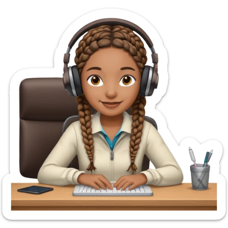 realistic brown skinned female with braids sitting at a desk with headphones on sticker
