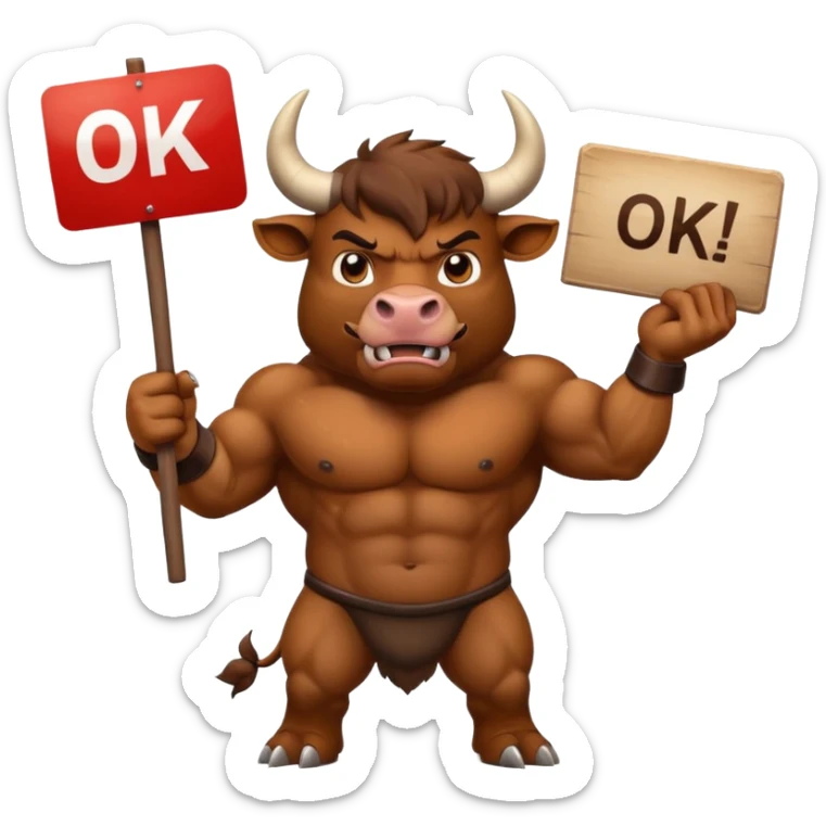 Angry powerful bull emoji holding a sign with the words OK in front of it sticker
