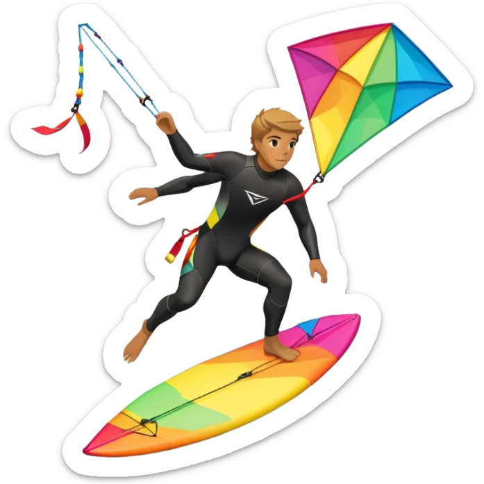 A kite surfer gliding across the ocean, with a colorful kite soaring high in the sky and the surfer carving through the waves. The scene captures the energy and freedom of the sport, with the sun shining and the ocean's waves splashing around. sticker