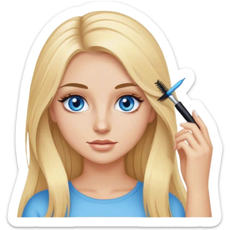 Cinematic realistic blonde with long hair, blue eyes with mascara in her hands sticker