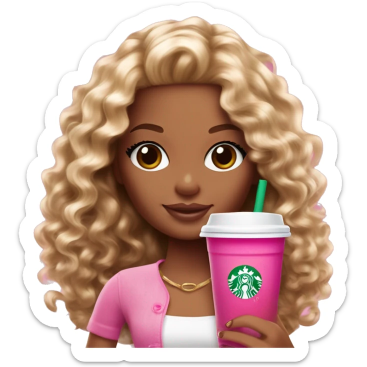 Barbie girl with brown and blonde ombré long curly hair holding Pink starbucks refresher sticker